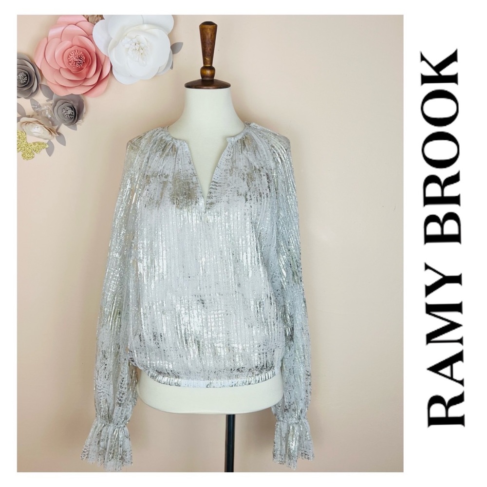 New! RAMY BROOK Metallic Tulle Balloon Sleeve Peasant Blouse